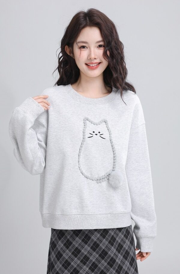 Gray Loose Cartoon Cat Sweatshirt - Image 8