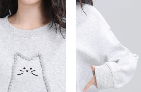 Gray Loose Cartoon Cat Sweatshirt - Image 9