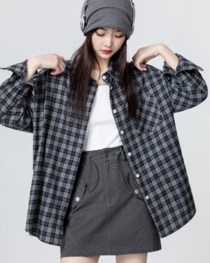 Gray Plaid Long Sleeve Shirt Jacket