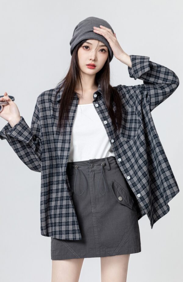 Gray Plaid Long Sleeve Shirt Jacket - Image 2