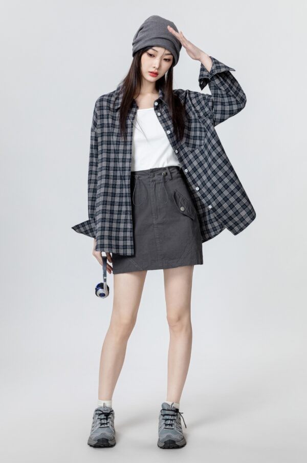 Gray Plaid Long Sleeve Shirt Jacket - Image 4