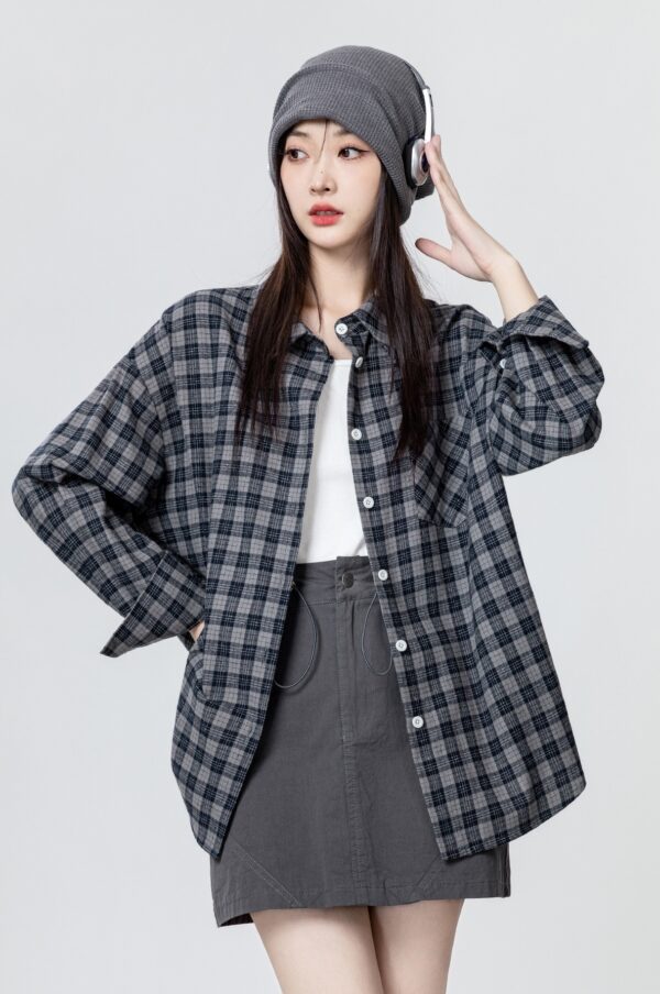 Gray Plaid Long Sleeve Shirt Jacket - Image 5