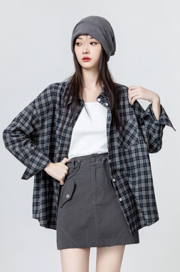 Gray Plaid Long Sleeve Shirt Jacket - Image 6