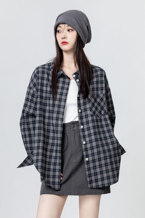 Gray Plaid Long Sleeve Shirt Jacket - Image 7