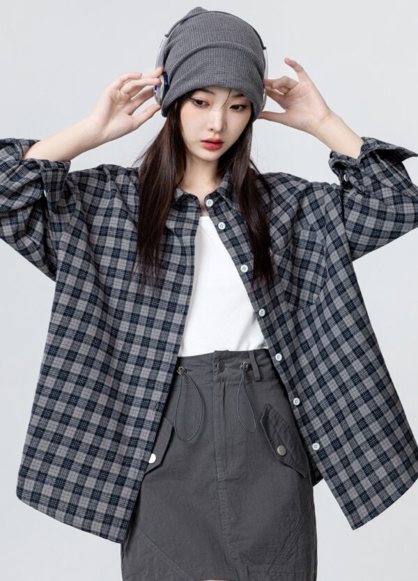 Gray Plaid Long Sleeve Shirt Jacket - Image 8