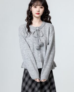 Gray Ruffled Knit Cardigan Sweater