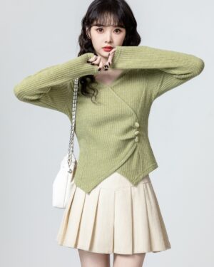 Green Irregular Vneck Long Sleeve Top