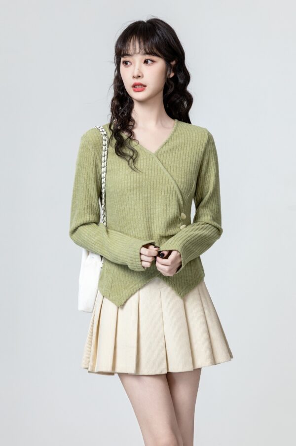 Green Irregular Vneck Long Sleeve Top - Image 2