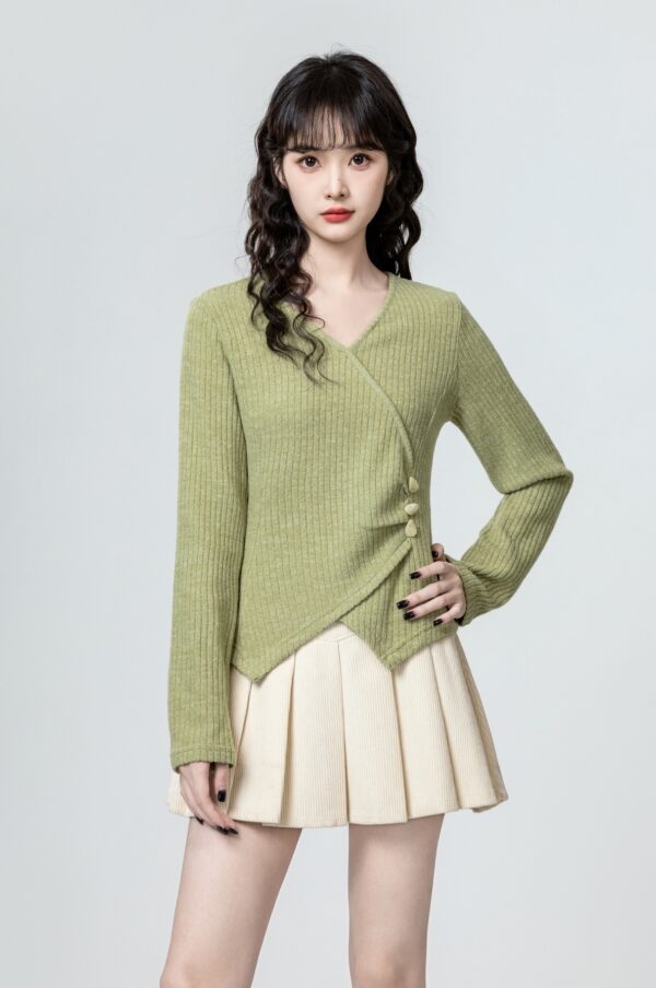 Green Irregular Vneck Long Sleeve Top - Image 3