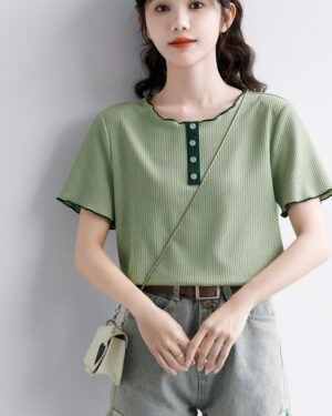 Green Ruffled Design Short Sleeve Top