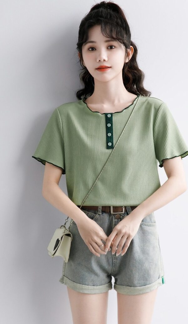 Green Ruffled Design Short Sleeve Top