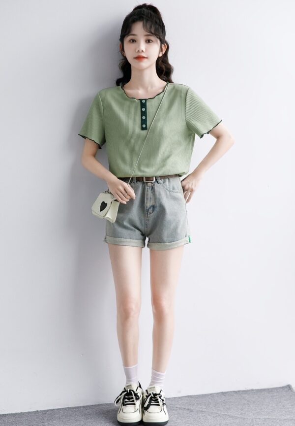 Green Ruffled Design Short Sleeve Top - Image 2