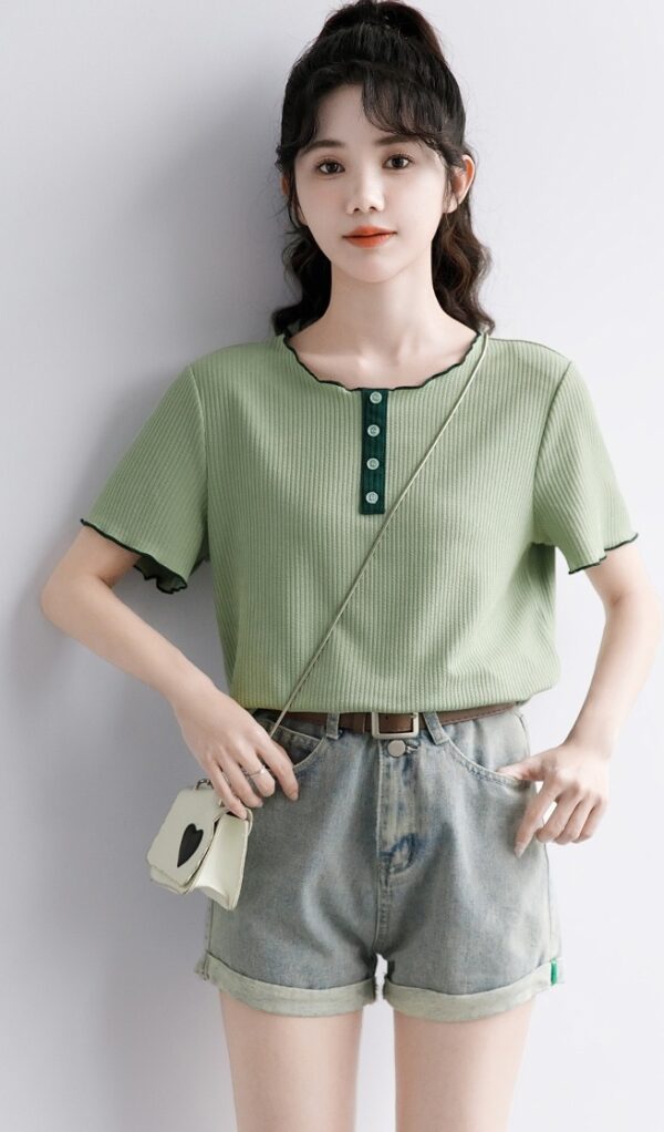 Green Ruffled Design Short Sleeve Top - Image 11