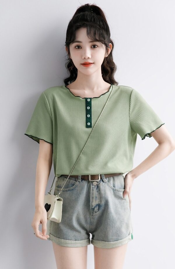 Green Ruffled Design Short Sleeve Top - Image 12