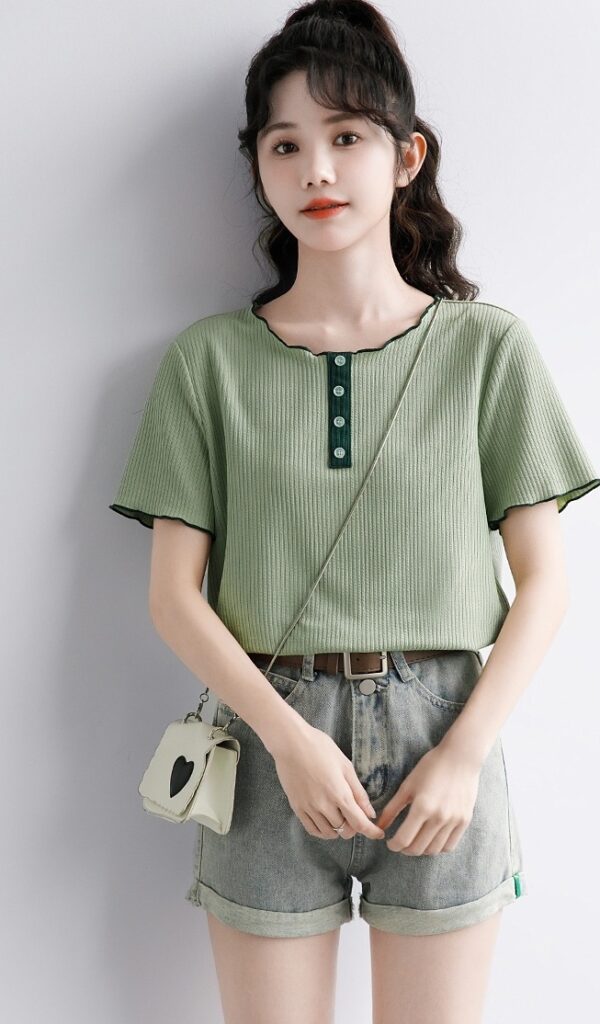 Green Ruffled Design Short Sleeve Top - Image 15