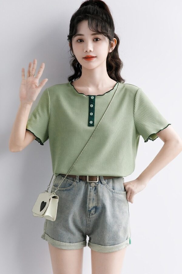 Green Ruffled Design Short Sleeve Top - Image 3