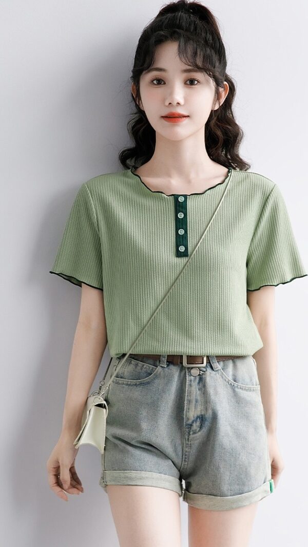 Green Ruffled Design Short Sleeve Top - Image 4