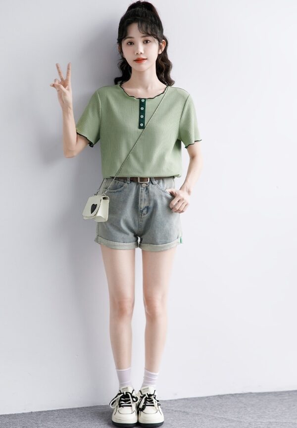 Green Ruffled Design Short Sleeve Top - Image 5