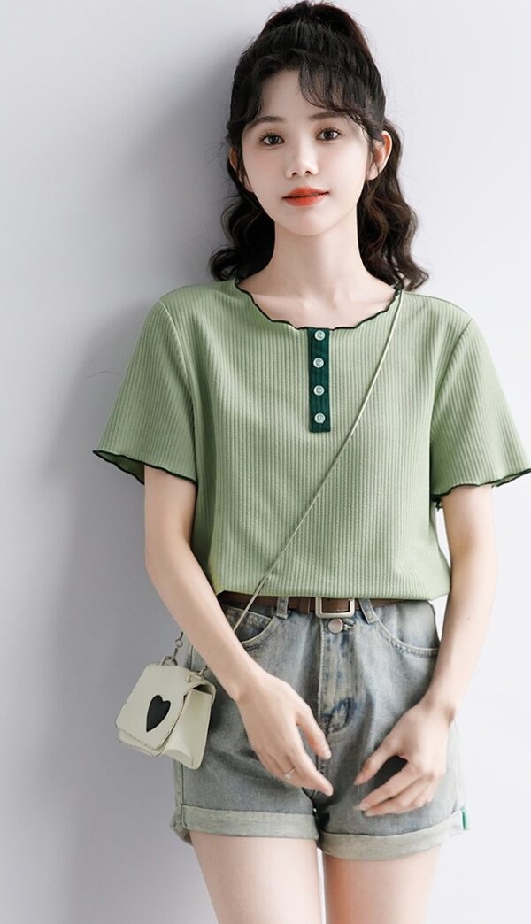 Green Ruffled Design Short Sleeve Top - Image 6