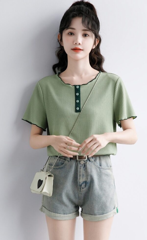 Green Ruffled Design Short Sleeve Top - Image 8