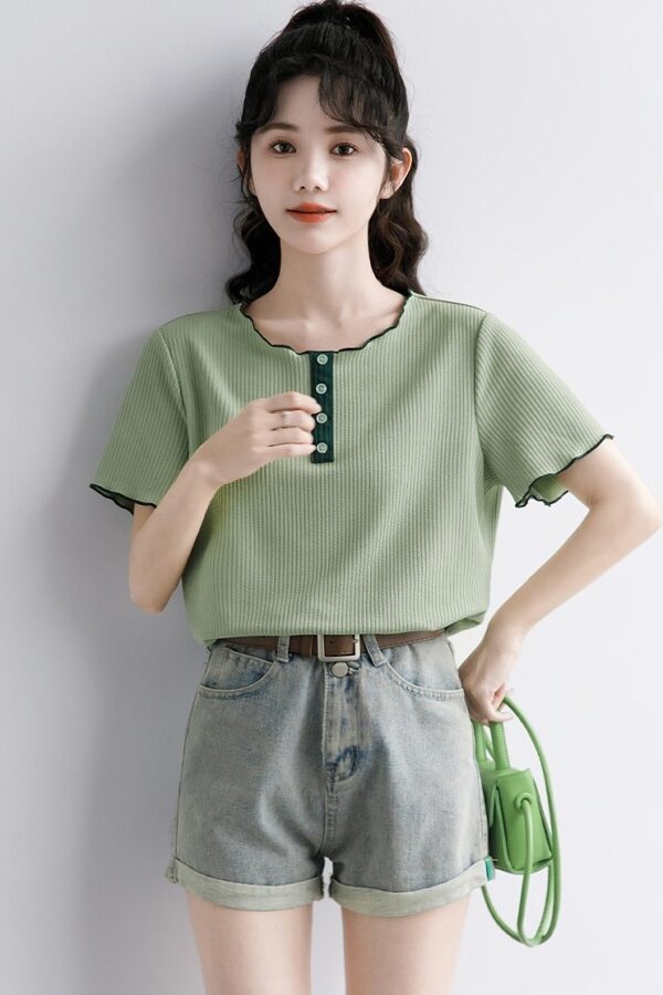 Green Ruffled Design Short Sleeve Top - Image 9