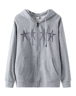 Grey Four Star Print Hooded Jacket | Sakura - Le Sserafim