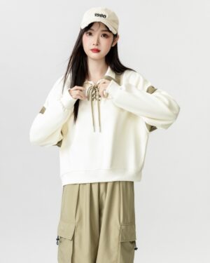 New Spring Beige Tie Polo Sweatshirt