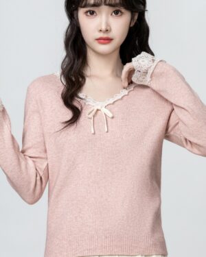 Pink Lace Knit Top With Bow Vneck