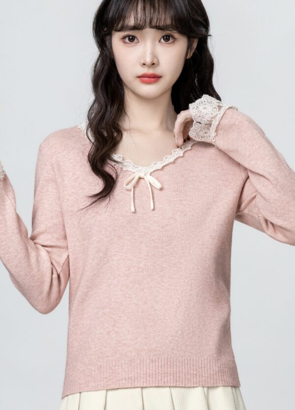 Pink Lace Knit Top With Bow Vneck