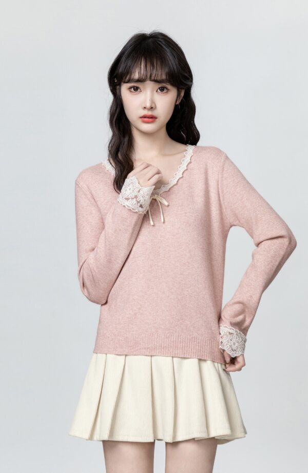 Pink Lace Knit Top With Bow Vneck - Image 2