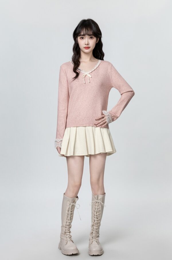 Pink Lace Knit Top With Bow Vneck - Image 3