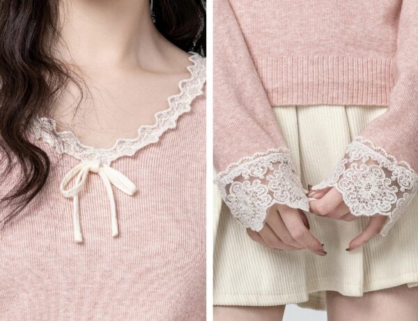 Pink Lace Knit Top With Bow Vneck - Image 6