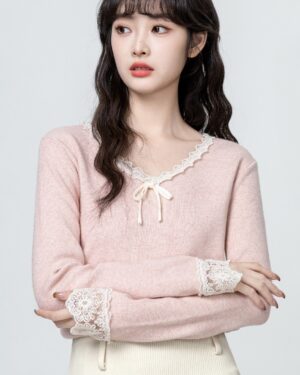 Pink Vneck Lace Knit Top