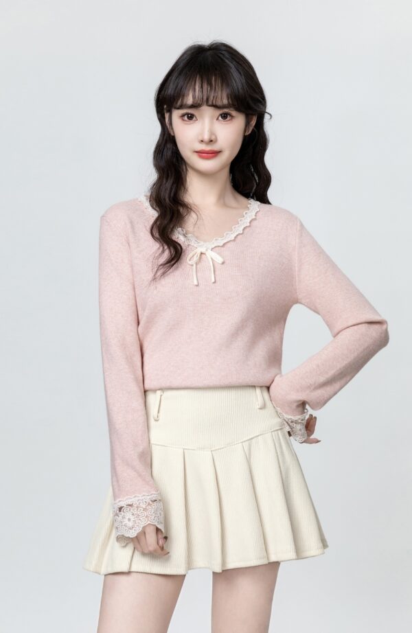 Pink Vneck Lace Knit Top - Image 3