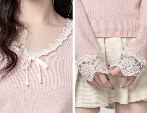 Pink Vneck Lace Knit Top - Image 5