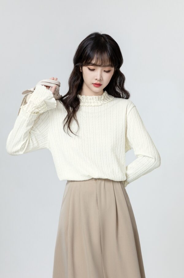 Ruffled Sleeve Beige Long Sleeve Top - Image 2