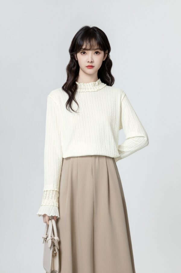 Ruffled Sleeve Beige Long Sleeve Top - Image 11