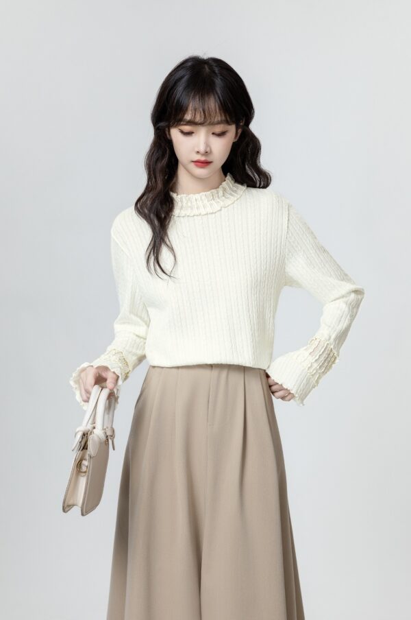 Ruffled Sleeve Beige Long Sleeve Top - Image 3