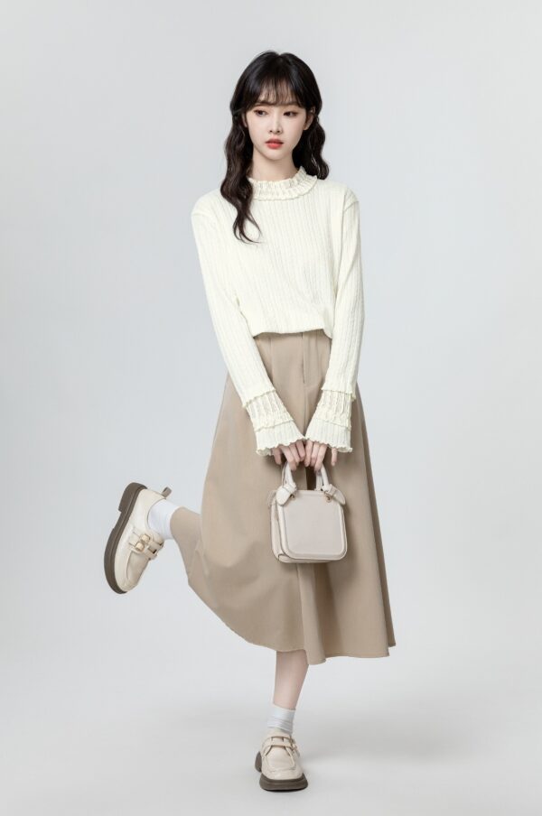 Ruffled Sleeve Beige Long Sleeve Top - Image 6