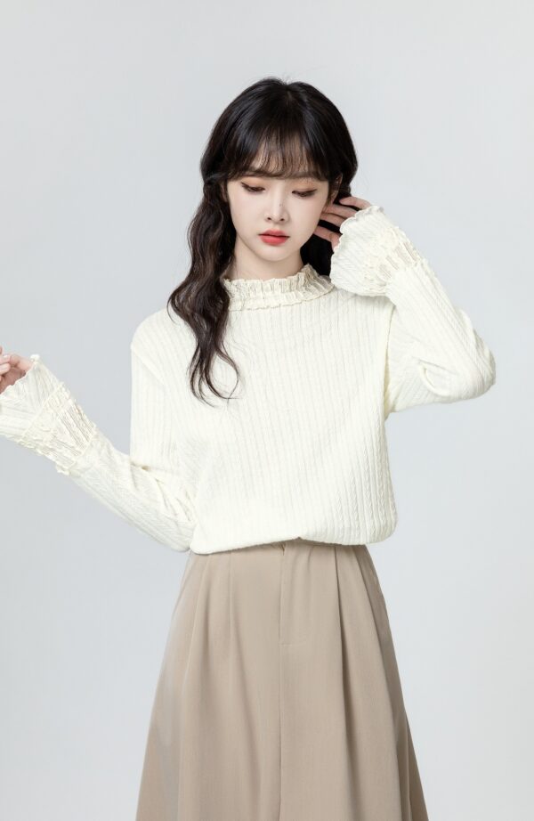 Ruffled Sleeve Beige Long Sleeve Top - Image 8