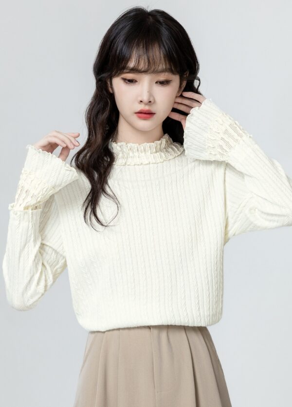 Ruffled Sleeve Beige Long Sleeve Top - Image 9