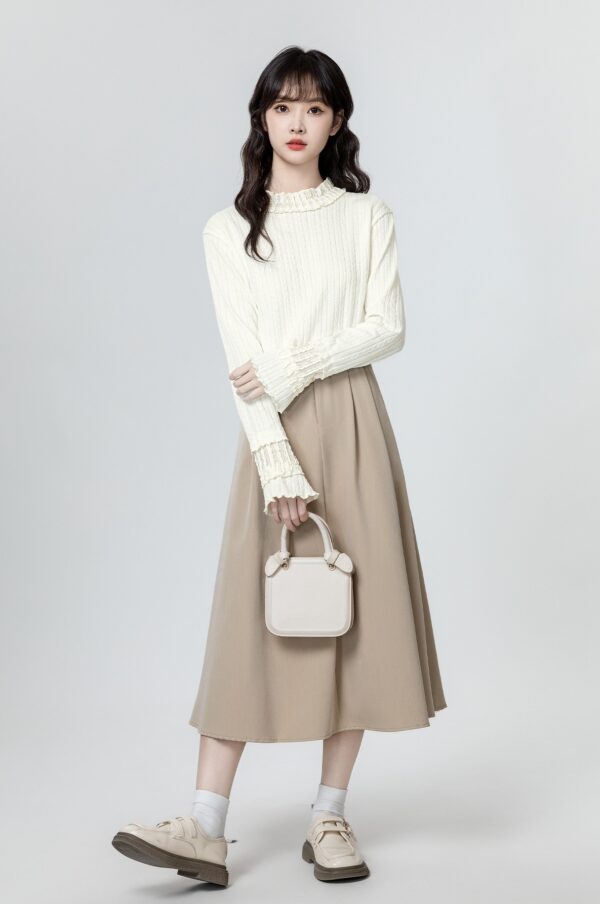 Ruffled Sleeve Beige Long Sleeve Top - Image 10