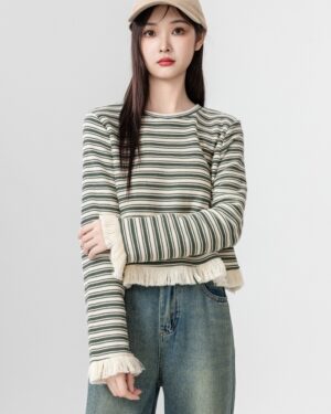 Striped Fringe Hem Long Sleeve Top