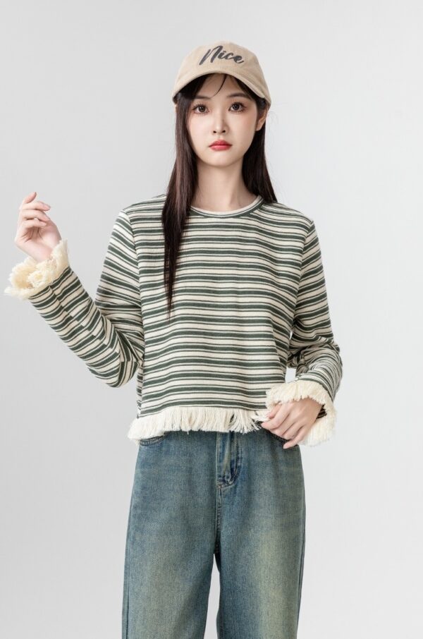 Striped Fringe Hem Long Sleeve Top - Image 11