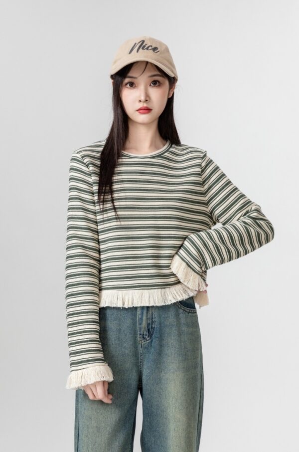 Striped Fringe Hem Long Sleeve Top - Image 4