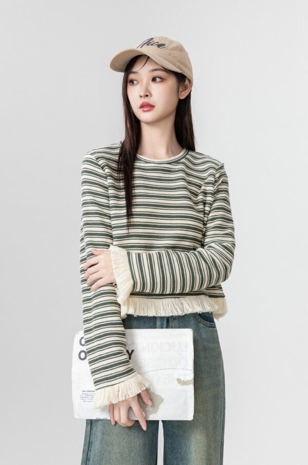 Striped Fringe Hem Long Sleeve Top - Image 8