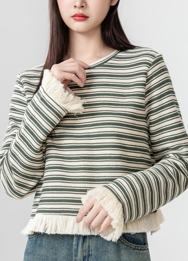 Striped Fringe Hem Long Sleeve Top - Image 9