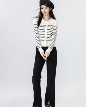 Striped Knit Cardigan Polo Collar