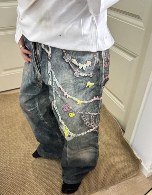 Vintage Blue Cute Chain Printed Jeans | Mark - GOT7 - Image 3