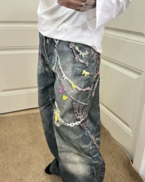 Vintage Blue Cute Chain Printed Jeans | Mark - GOT7